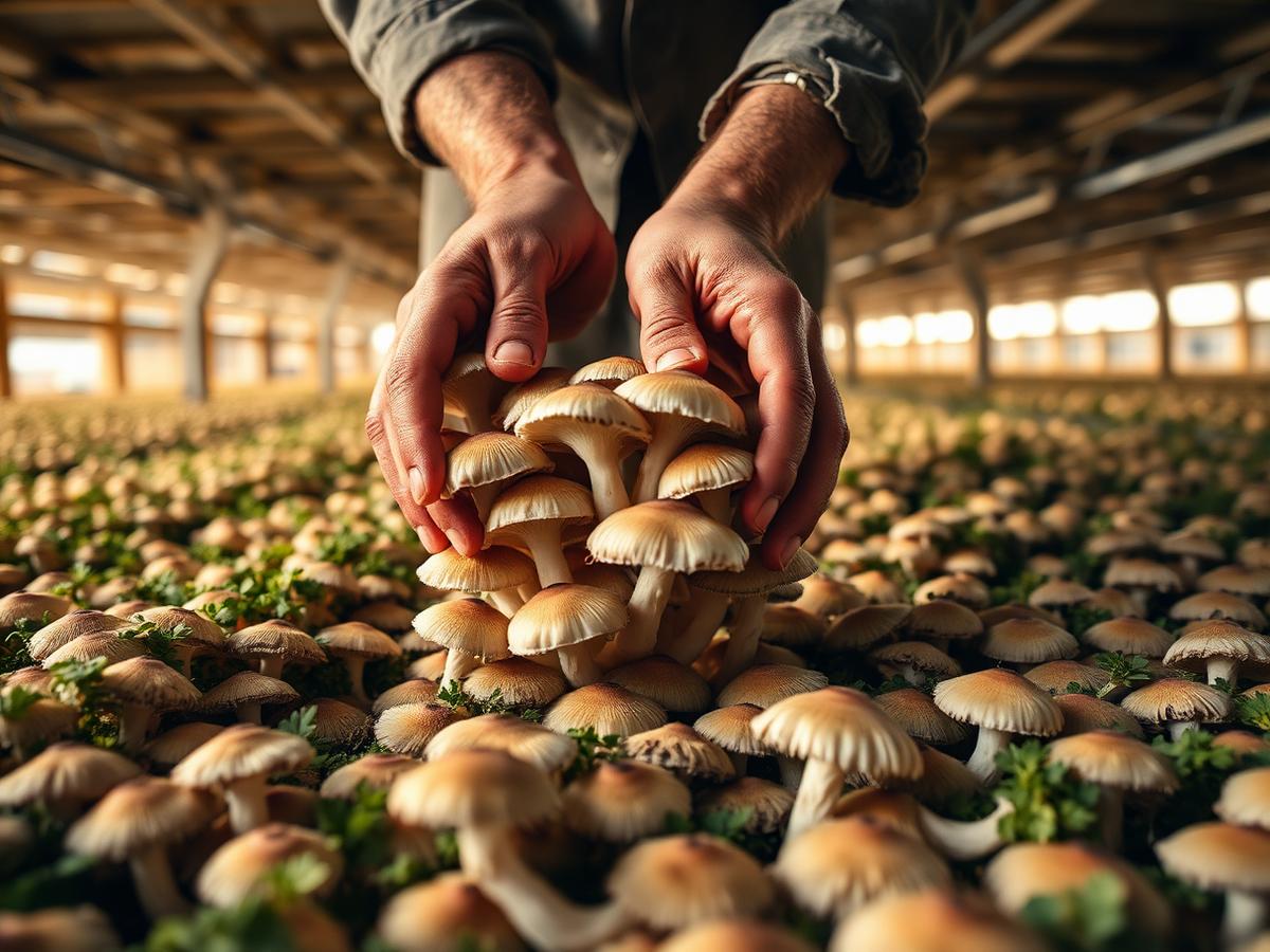 Hand harvest of fresh mushrooms